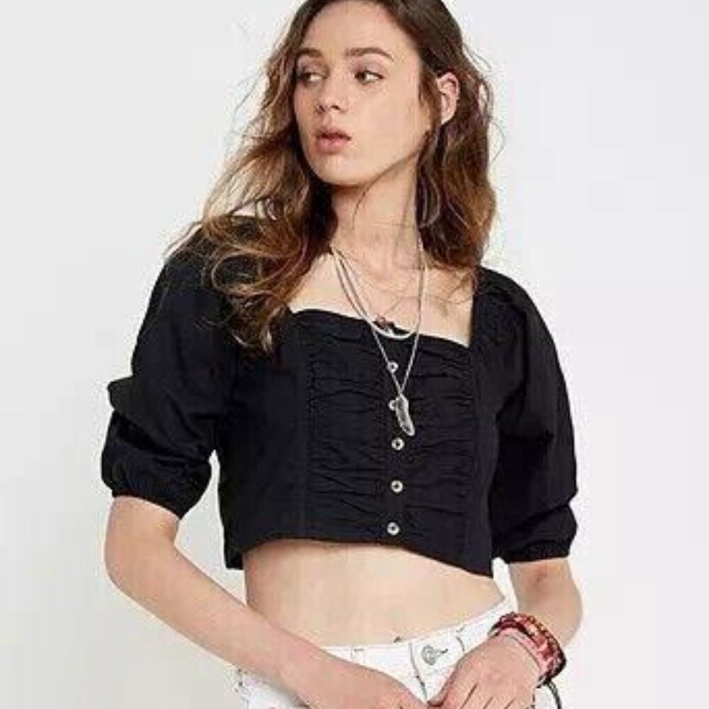 Urban Outfitters UO Laura Poplin Blouse Cropped Top Buttondown Smocked XS 272364